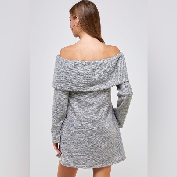 Off the Shoulder Knit Fold Over Sweater Dress with Pockets - Picture 3 of 4